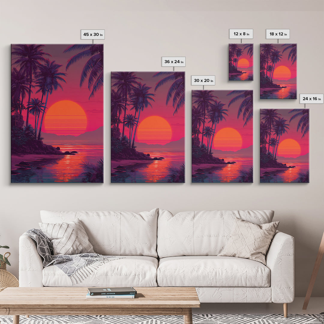 Evocative Tropical Sunset Island Coastal Artwork With Vibrant Red And Pink Sky Canvas Print For Modern Tropical Wall Decor