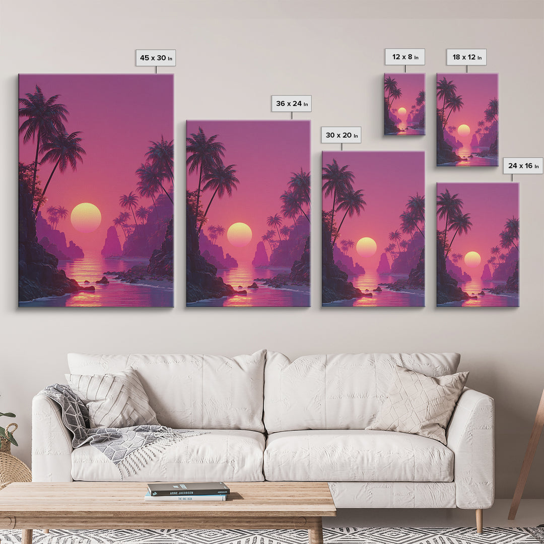 Stunning Pink Sunset Tropical Beach Landscape With Palm Trees Wall Art Canvas Print For Coastal Home Decor And Bedroom