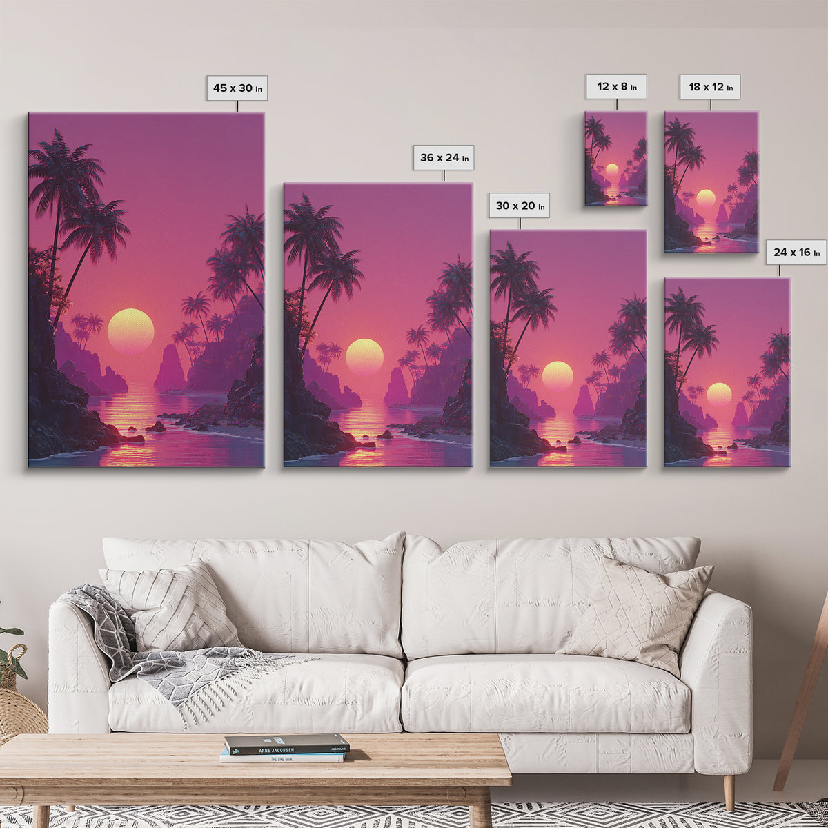Stunning Pink Sunset Tropical Beach Landscape With Palm Trees Wall Art Canvas Print For Coastal Home Decor And Bedroom