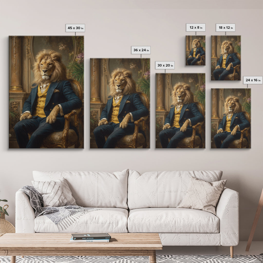 Noble Lion In Blue Suit On Gilded Throne Canvas Print, Regal Animal Wall Art, Luxury Maximalist Office Decor Gift For Him
