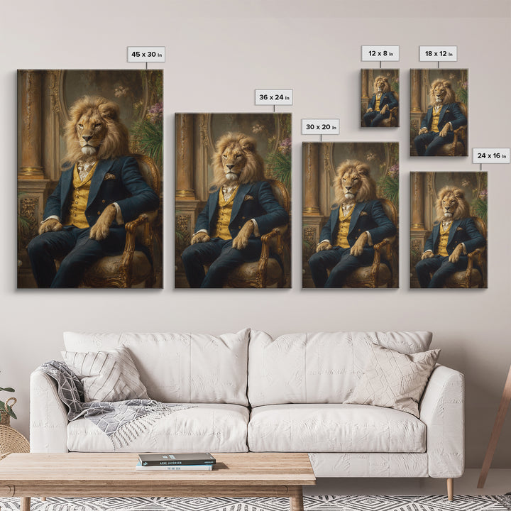 Noble Lion In Blue Suit On Gilded Throne Canvas Print, Regal Animal Wall Art, Luxury Maximalist Office Decor Gift For Him