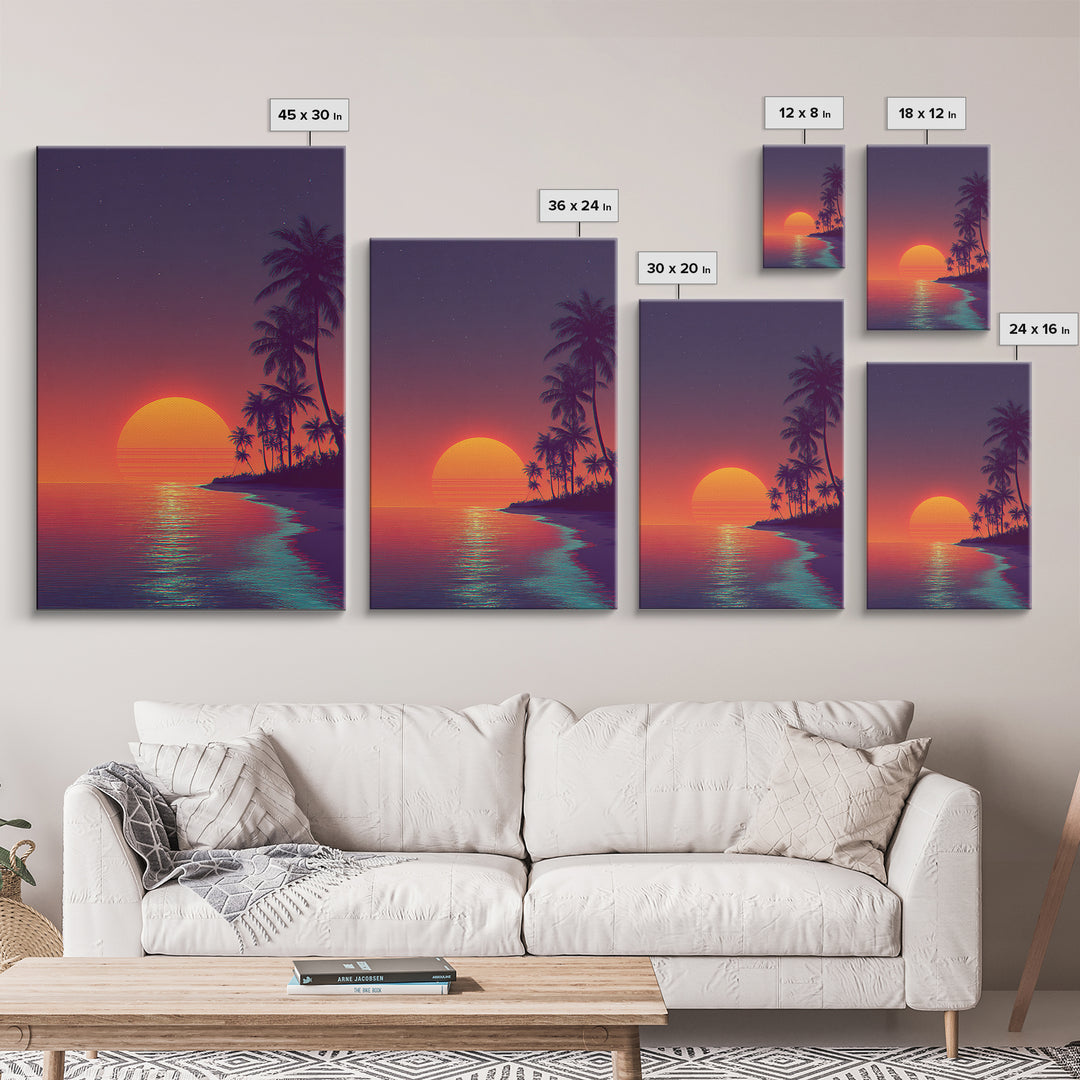 Vibrant Retro Sunset Over Tropical Beach Digital Artwork Modern Wall Art Framed Canvas Print Coastal Home Decor