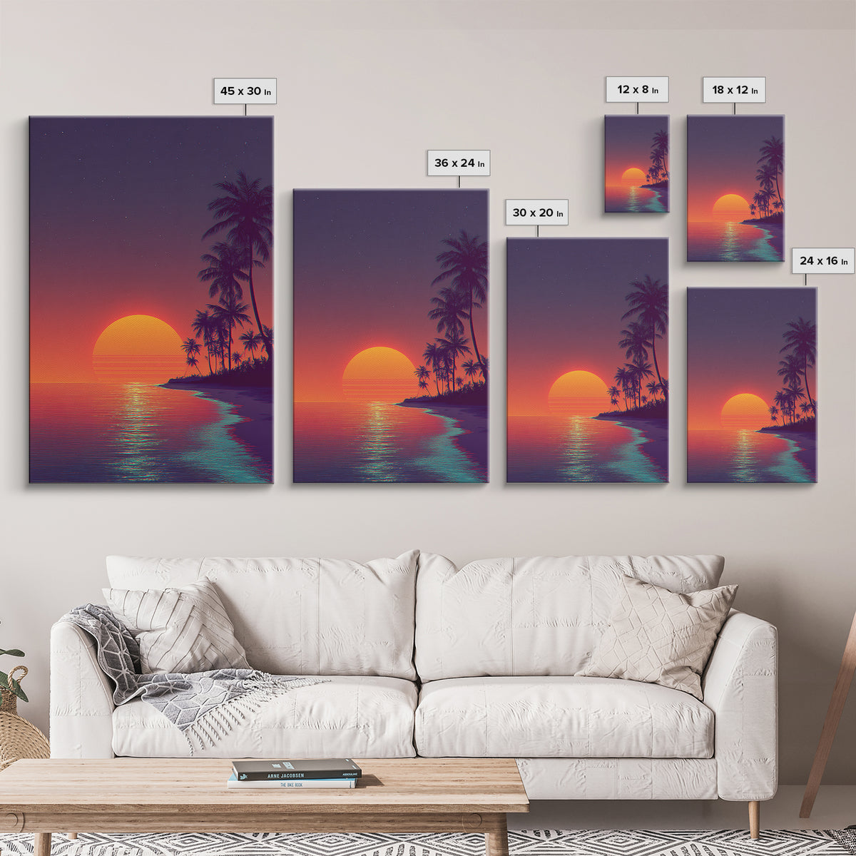Vibrant Retro Sunset Over Tropical Beach Digital Artwork Modern Wall Art Framed Canvas Print Coastal Home Decor