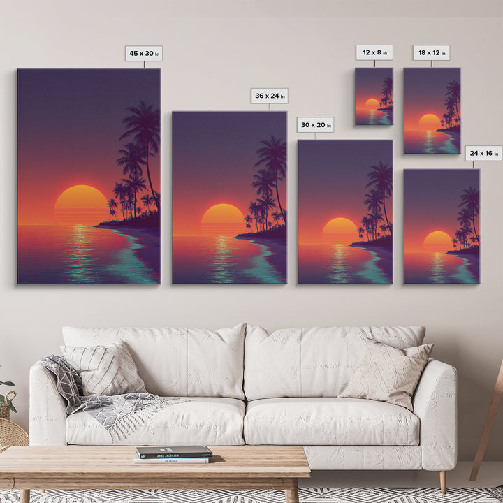 Vibrant Retro Sunset Over Tropical Beach Digital Artwork Modern Wall Art Framed Canvas Print Coastal Home Decor