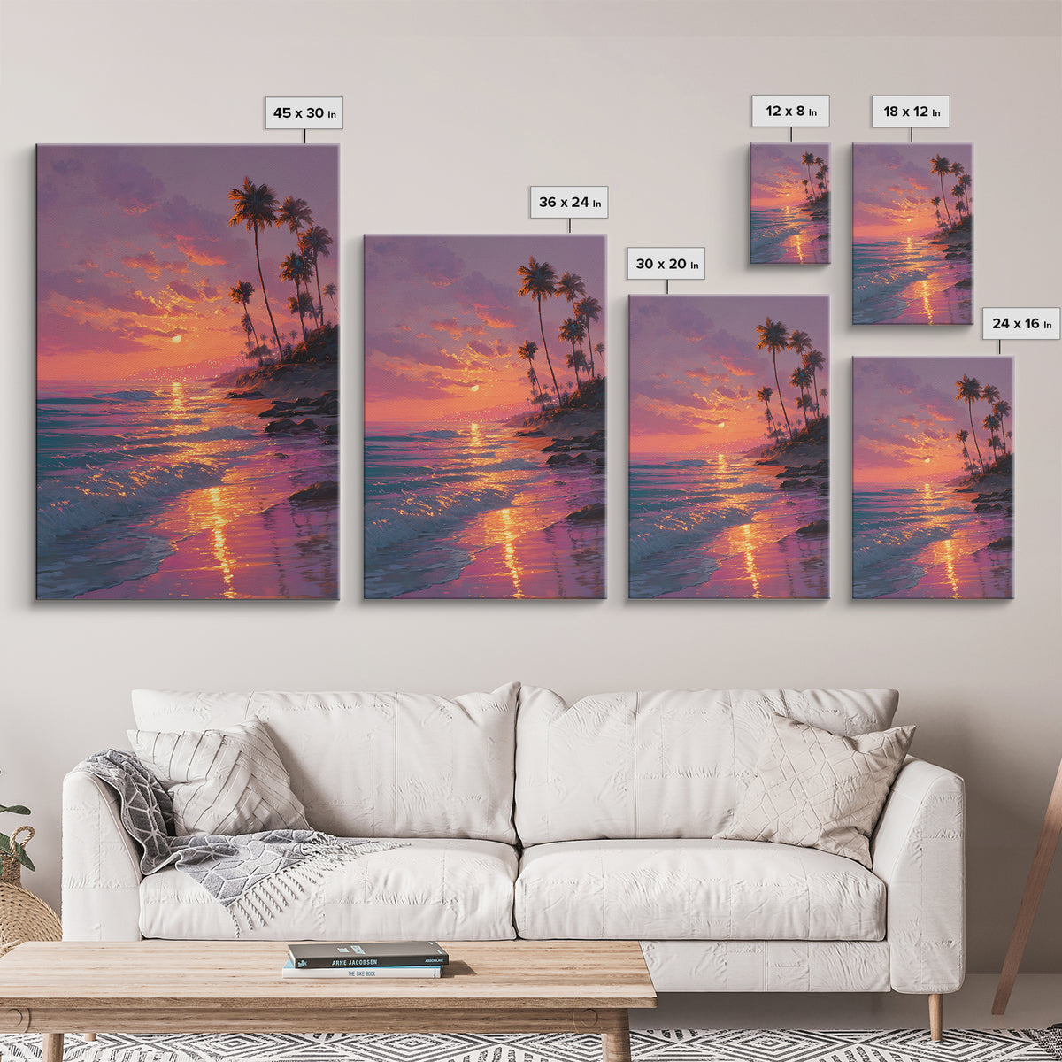 Palm Trees Sunset Beach Landscape Painting Wall Art Canvas Print For Cozy Living Room Modern Coastal Wall Decor