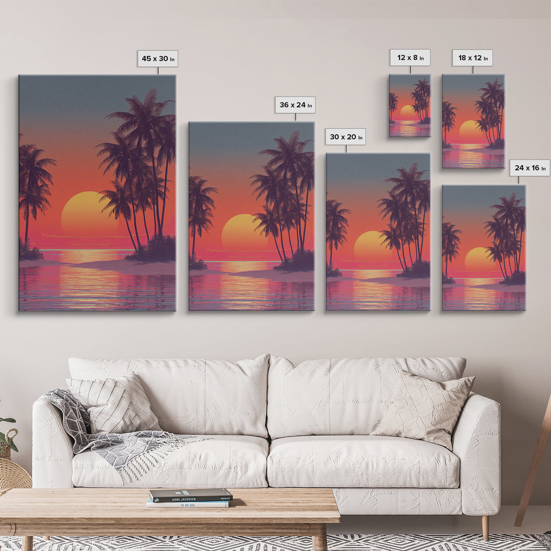 Tropical Sunset Beach Scene Wall Art With Palm Trees And Vibrant Coral Sky Framed Canvas Print Perfect For Coastal Home Decor