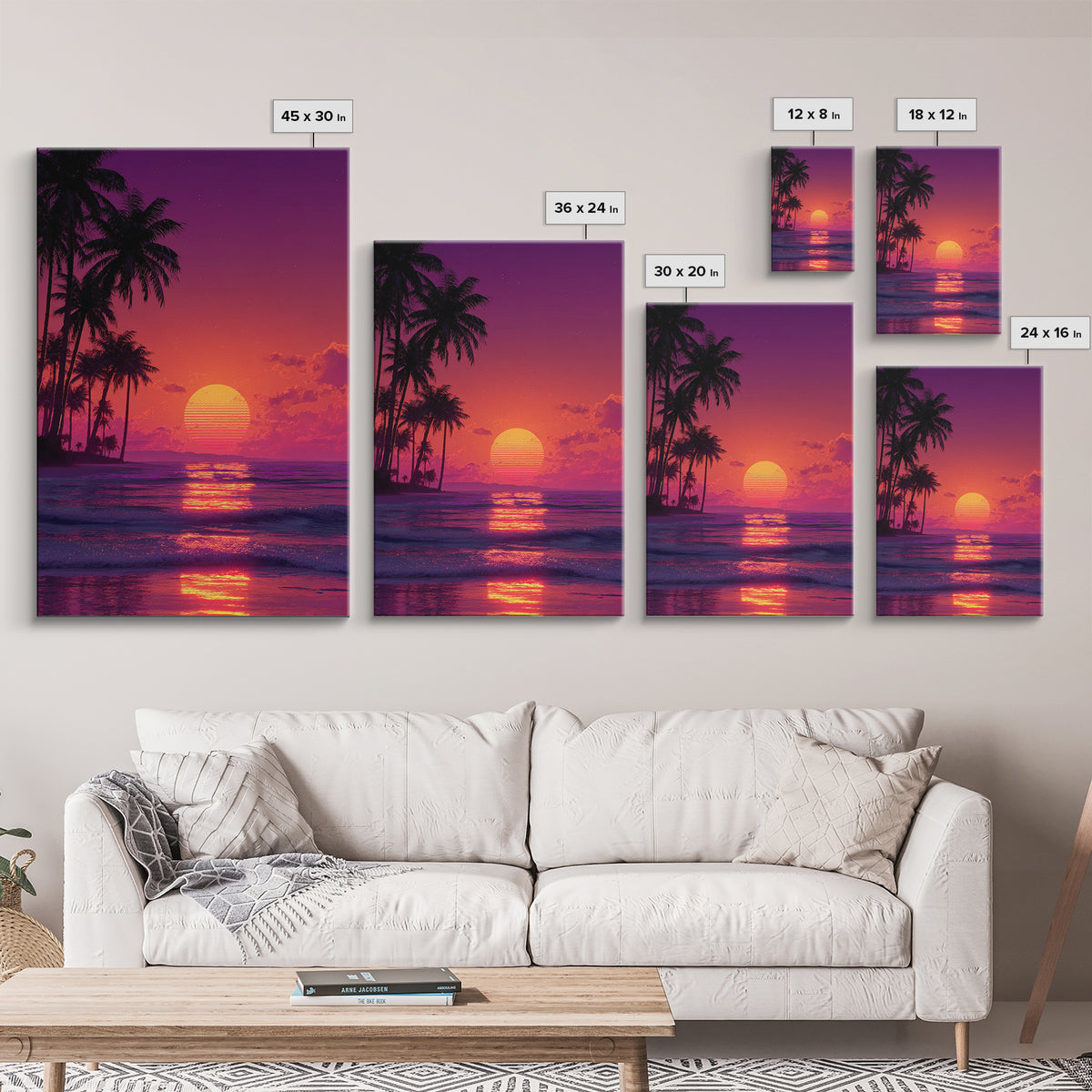 Vibrant Retro Sunset Beach Palm Tree Painting Wall Art Print For Bedroom And Coastal Home Decor Canvas Print