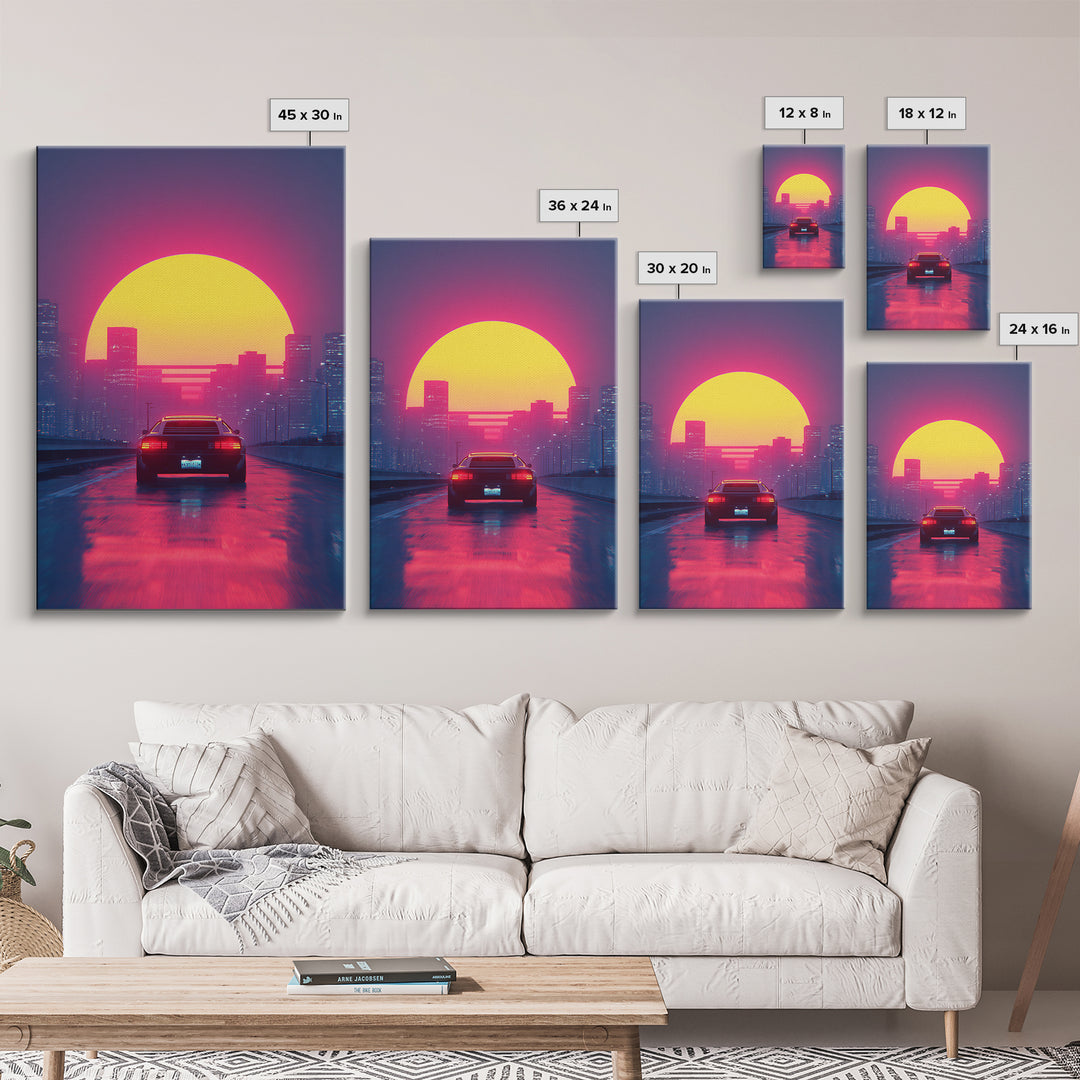 Retro Futuristic Neon Cityscape With Classic Car Sunset Wall Art Canvas Print Gaming Room Decor Modern Urban Art