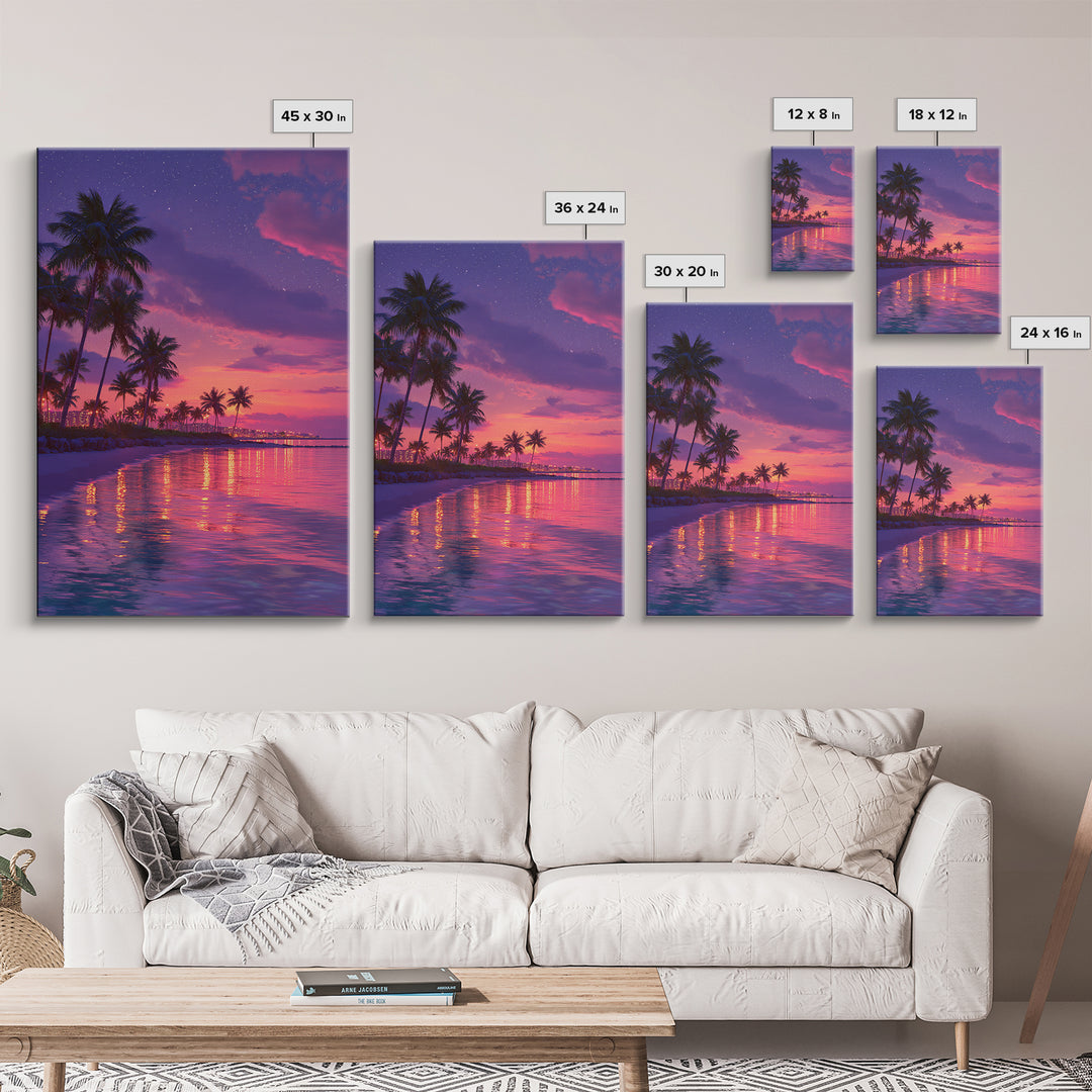 Vibrant Miami Beach Twilight With Palm Trees And City Lights Wall Art Print Canvas Wall Art Coastal Home Decor Gift For Beach Lovers