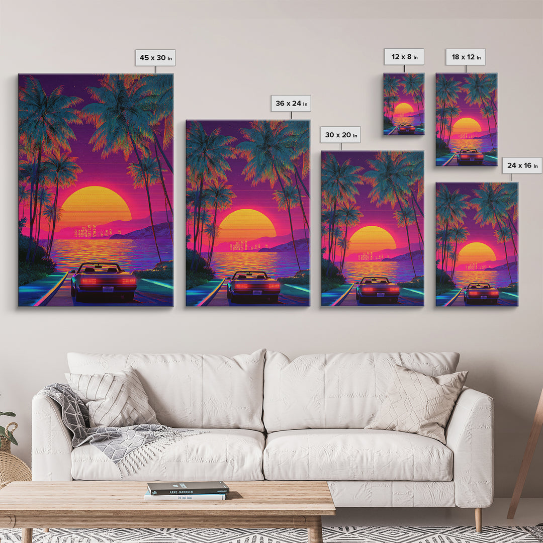 Retrowave Neon Sunset With Palm Trees And Convertible Car Canvas Print For Modern Wall Art Coastal Home Decor