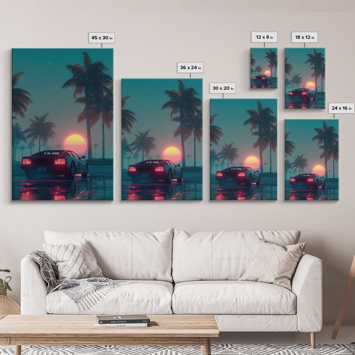 Retro Futuristic Car At Sunset Surrounded By Palm Trees With Neon Glow Vibrant Digital Art Canvas Print