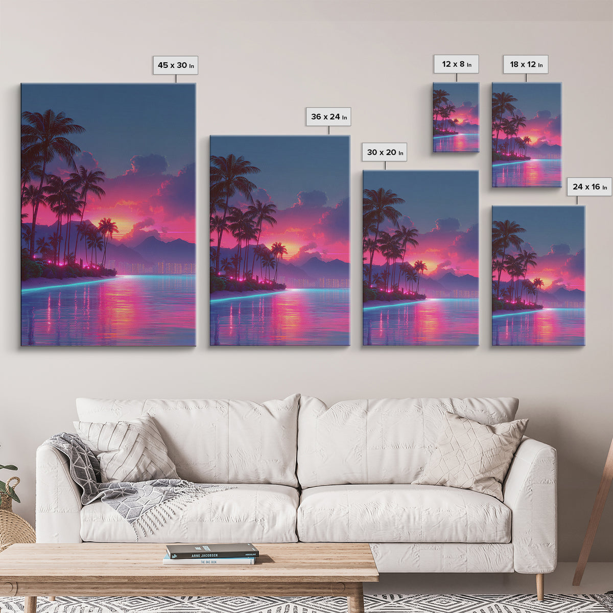 Vibrant Sunset Over Tropical Beach With Palm Trees And Reflective Ocean Modern Wall Art Print Canvas
