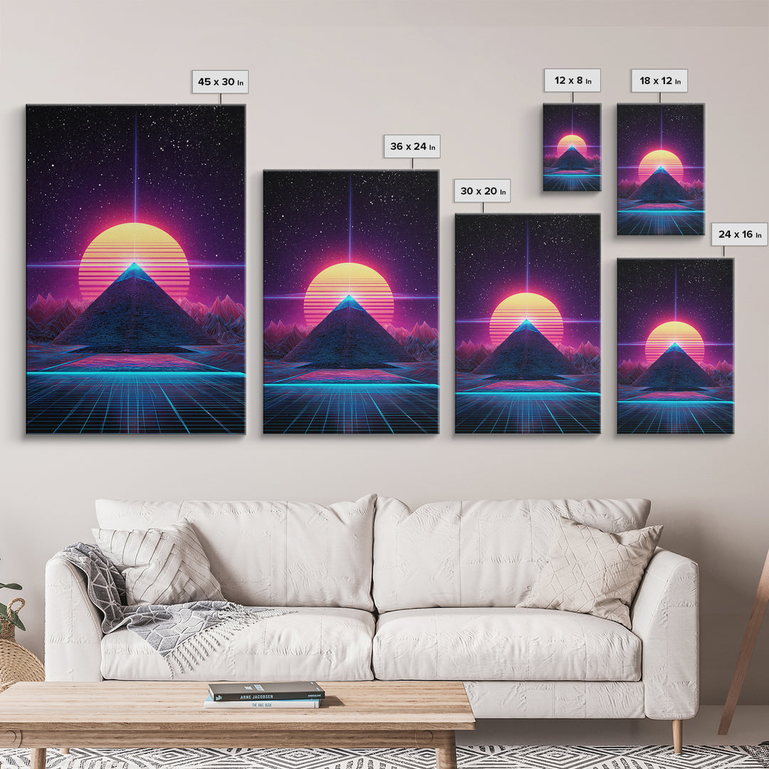 Retro Futuristic Neon Pyramid With Sun And Stars Canvas Print Modern Wall Art For Sci Fi Home Decor And Office