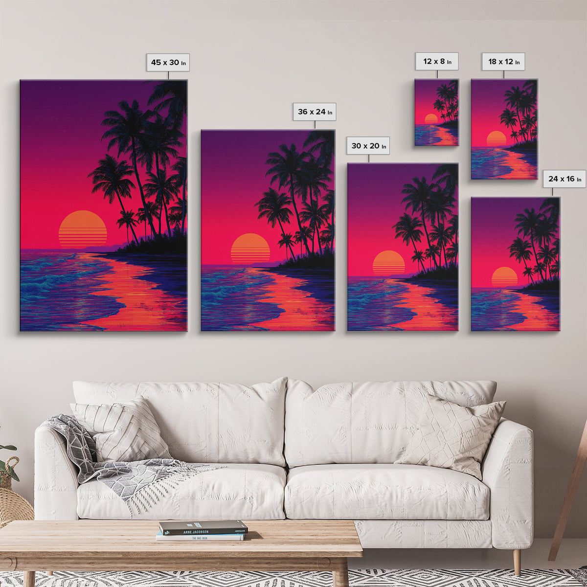 Vibrant Sunset Over Tropical Beach With Palm Trees Digital Wall Art Framed Canvas Print For Home Decor