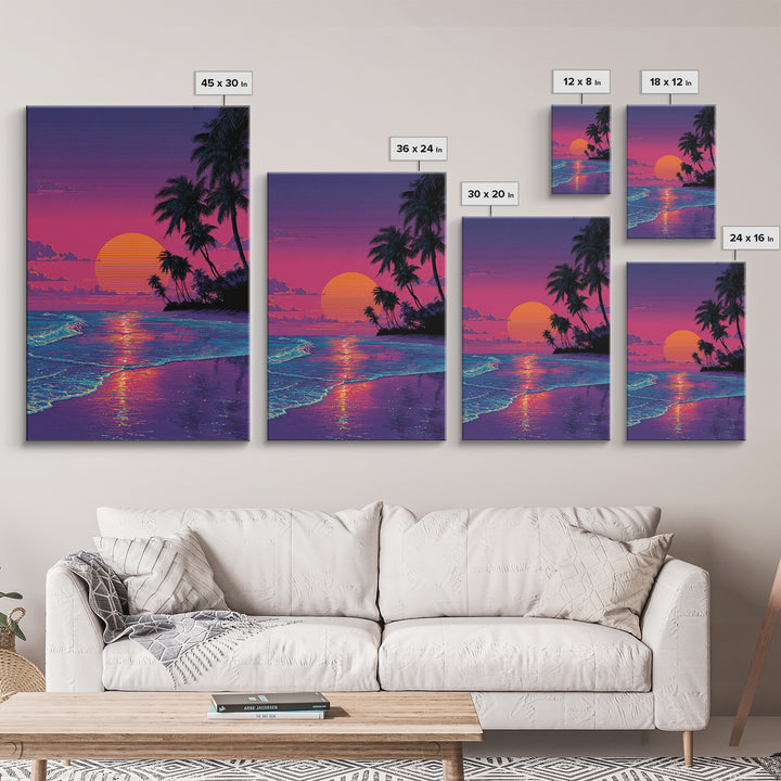 Digital Tropical Beach Sunset Wall Art Vibrant Retro Canvas Print For Coastal Living Room Decor And Relaxing Home Vibes