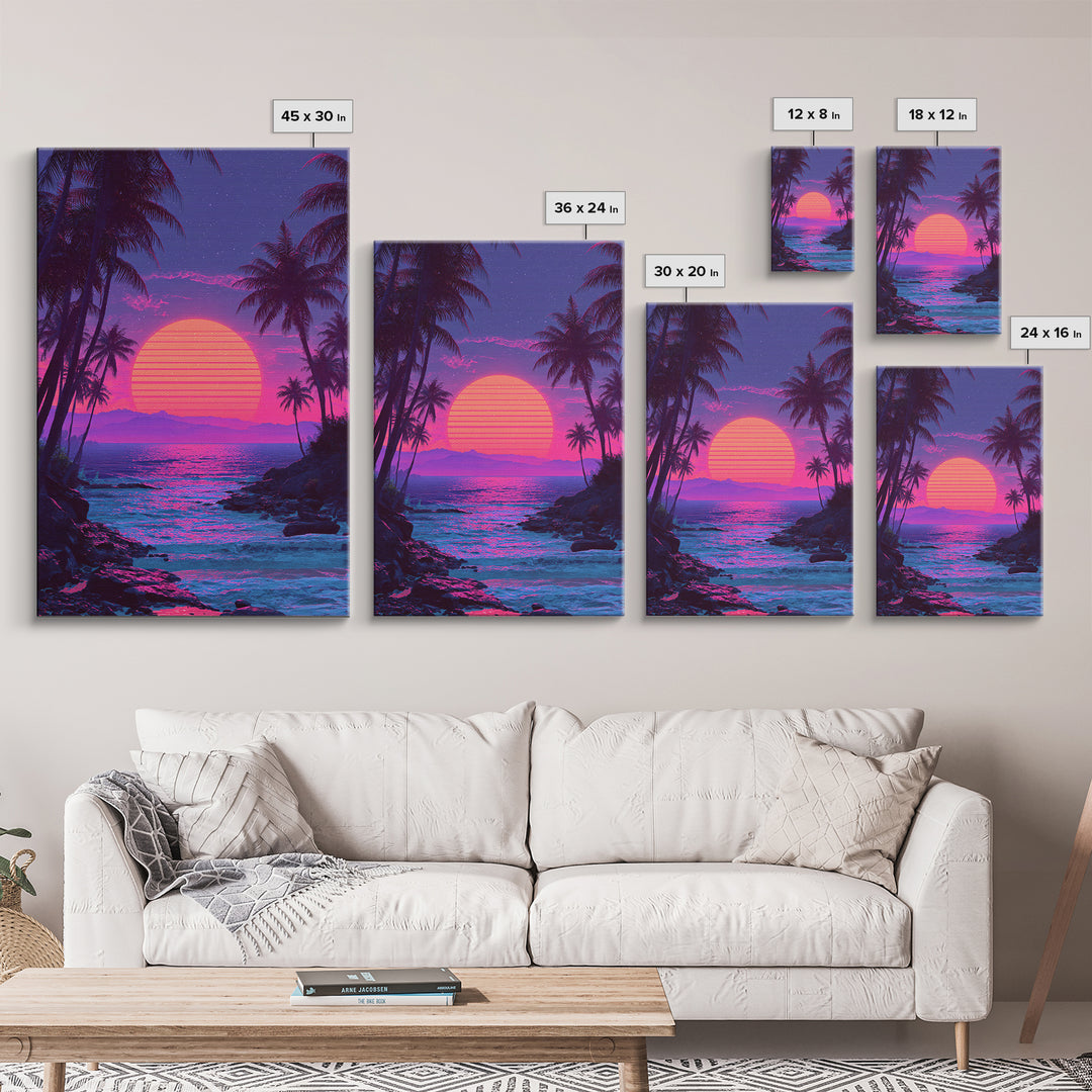 Vibrant Pink And Purple Tropical Beach Sunset With Palm Trees And Calm Ocean Retro Style Canvas Print