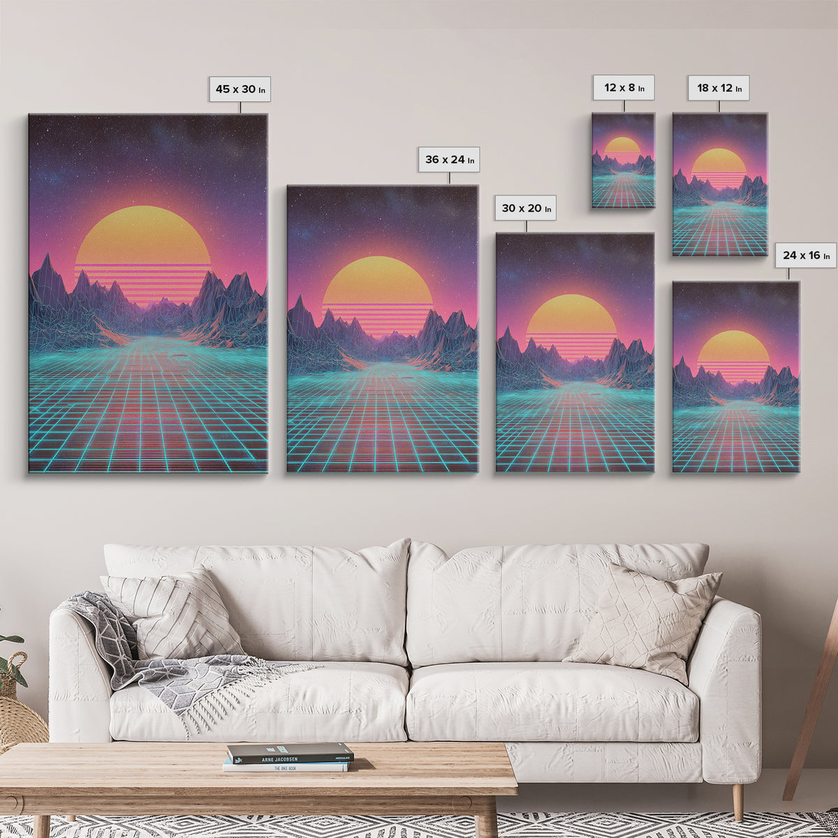 Retro Futuristic Synthwave Neon Sunset Over Wireframe Mountains Wall Art Print For Bedroom Decor Contemporary Canvas Print