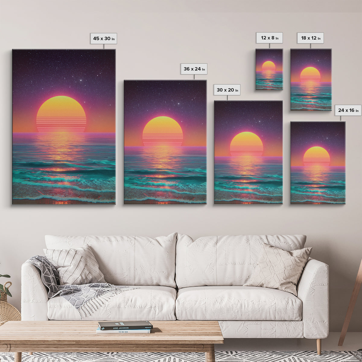 Digital Neon Sunset Ocean Wave Artwork Vibrant Abstract Modern Wall Art Large Framed Canvas Print Coastal Home Decor