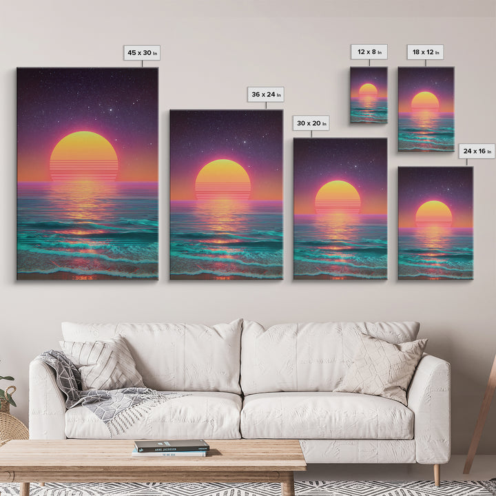 Digital Neon Sunset Ocean Wave Artwork Vibrant Abstract Modern Wall Art Large Framed Canvas Print Coastal Home Decor
