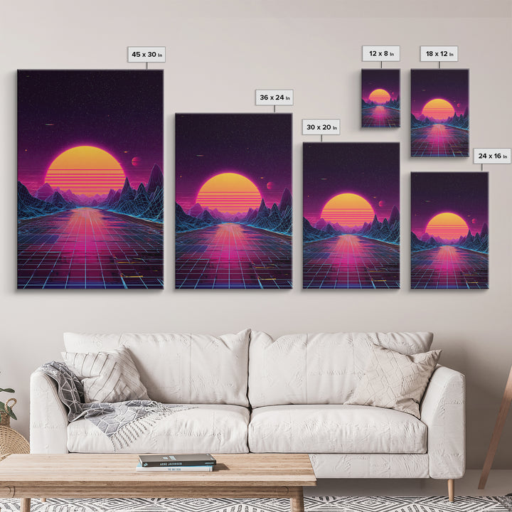 Retro Futuristic Sunset Landscape With Neon Grid Mountains And Starry Sky Wall Art Canvas Print For Modern Home Decor