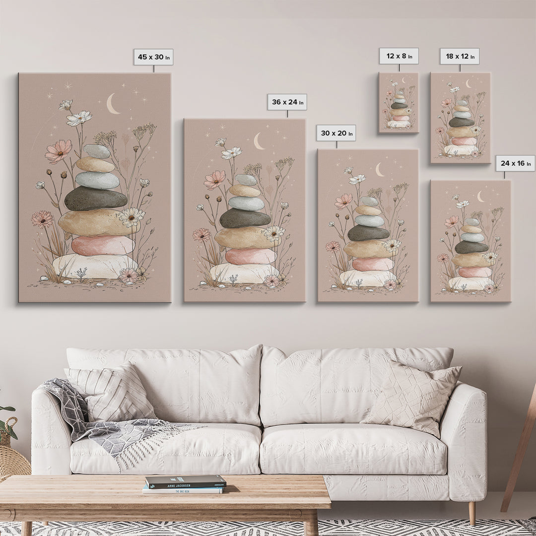 Stacked Zen Stones And Wildflowers Wall Art, Spa Bathroom Decor, Meditation Room Art, Neutral Boho Print, Calming Home Decor