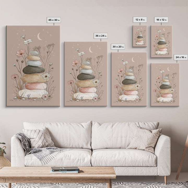 Stacked Zen Stones And Wildflowers Wall Art, Spa Bathroom Decor, Meditation Room Art, Neutral Boho Print, Calming Home Decor