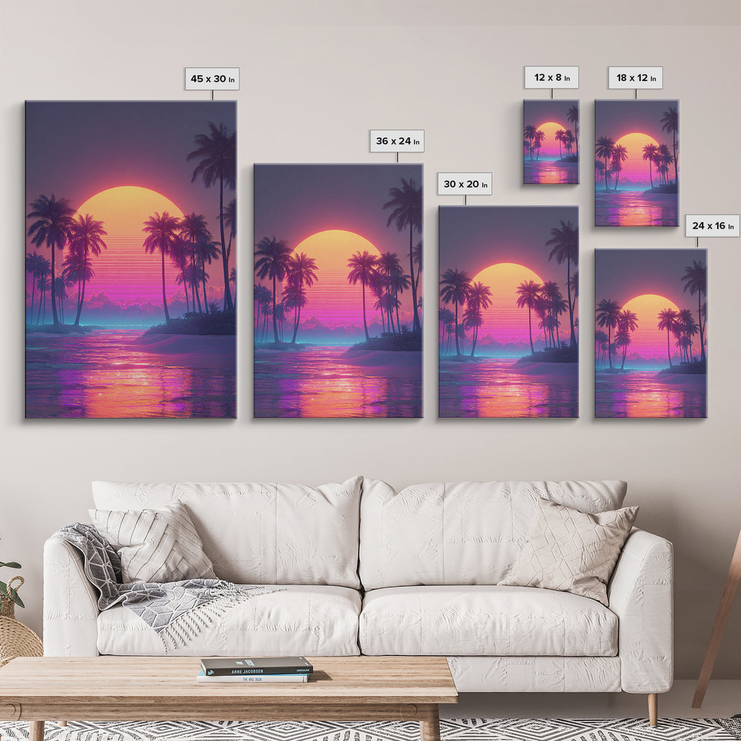 Vibrant Retro Sunset Over Tropical Beach With Palm Trees Large Wall Art Framed Canvas Print Coastal Home Decor