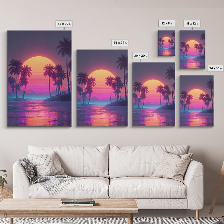 Vibrant Retro Sunset Over Tropical Beach With Palm Trees Large Wall Art Framed Canvas Print Coastal Home Decor