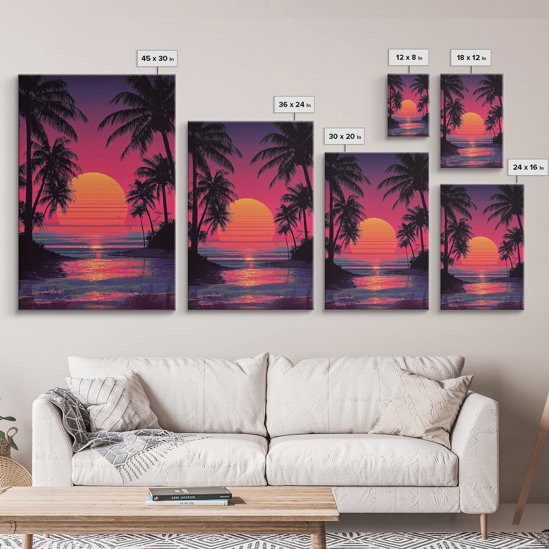 Surreal Neon Purple And Pink Bridge Over River Cityscape Under Starry Night Sky Wall Art Framed Canvas Print For Dreamy Decor