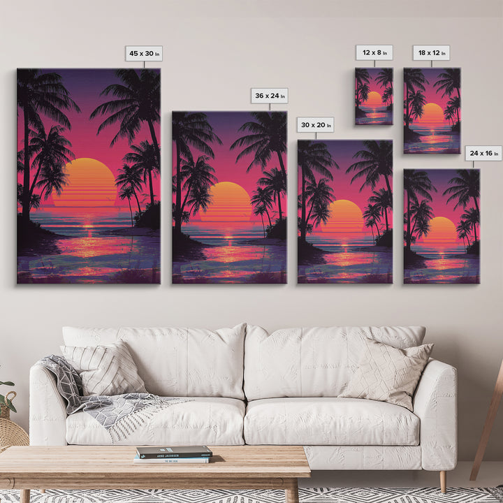 Surreal Neon Purple And Pink Bridge Over River Cityscape Under Starry Night Sky Wall Art Framed Canvas Print For Dreamy Decor