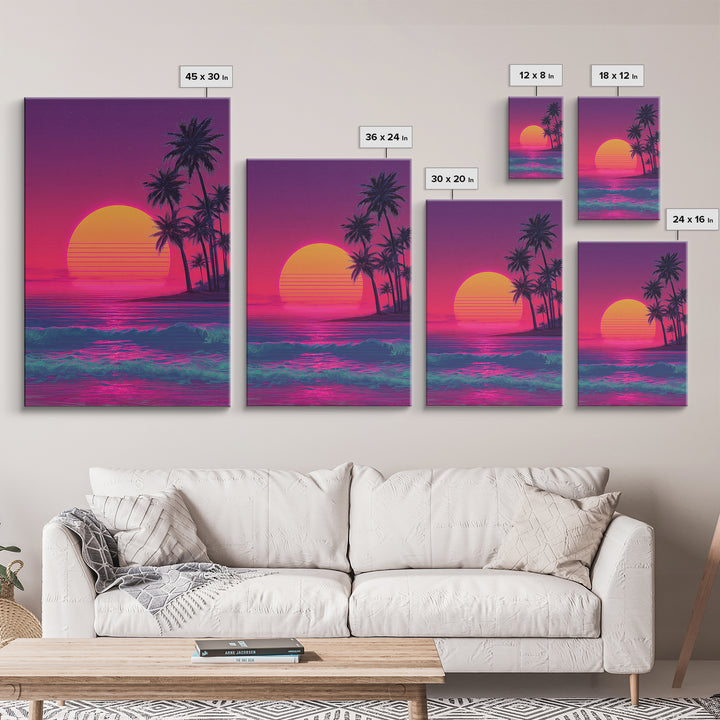 Vibrant Neon Sunset Beach With Palm Trees Retro 80s Themed Wall Art For Living Room Decor Framed Canvas Print