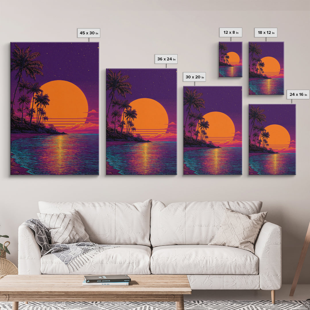 Tropical Sunset With Palm Trees Over Water Vibrant Coastal Wall Art Framed Canvas Print