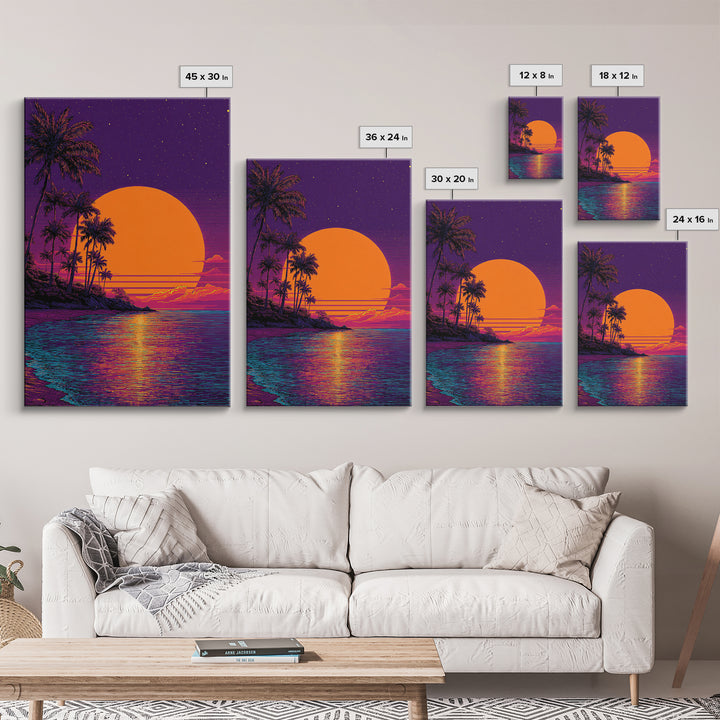 Tropical Sunset With Palm Trees Over Water Vibrant Coastal Wall Art Framed Canvas Print
