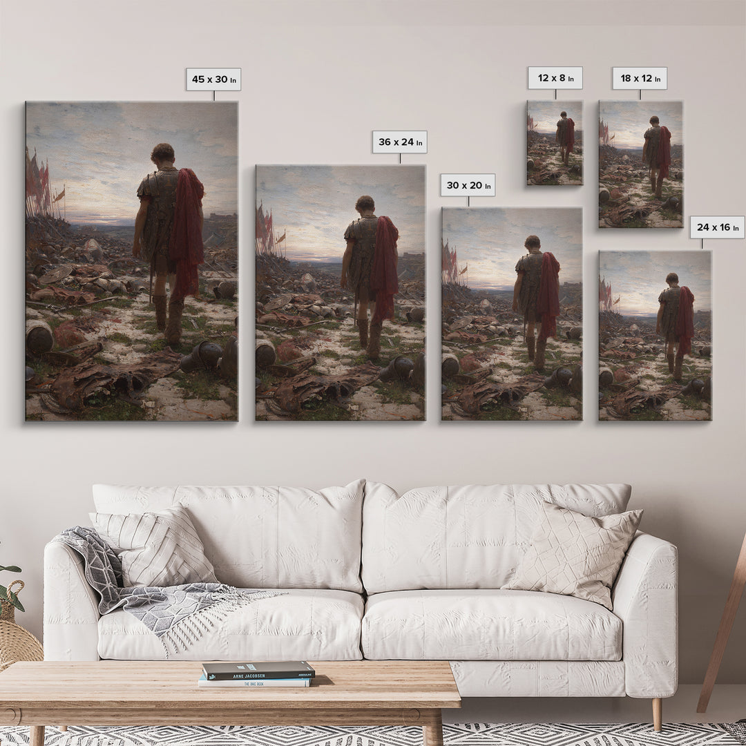 Lone Roman Soldier Framed Canvas Print, Battlefield Wall Art, Historical Warrior Oil Painting, Dark Academia Office Decor