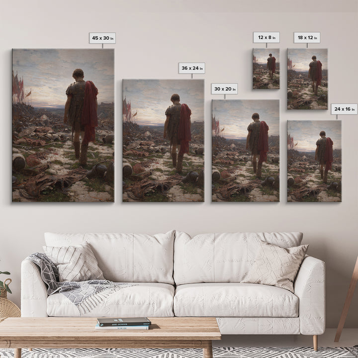 Lone Roman Soldier Framed Canvas Print, Battlefield Wall Art, Historical Warrior Oil Painting, Dark Academia Office Decor