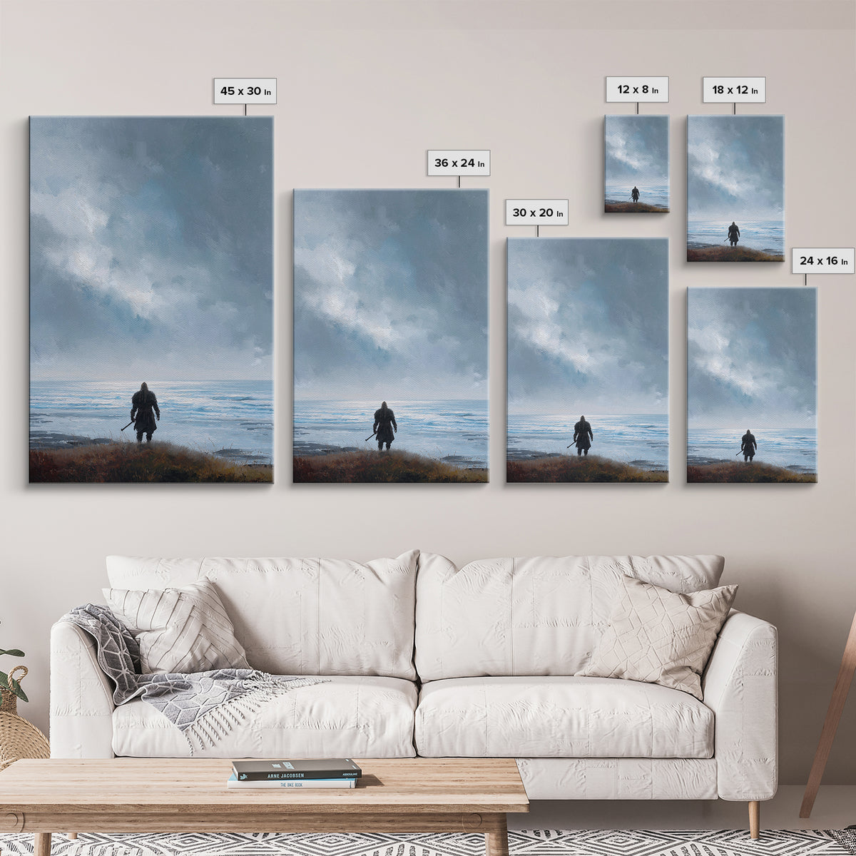 Lone Warrior Facing Cold Blue Sea Canvas Print, Minimalist Coastal Wall Art, Moody Seascape Living Room Decor, Above Bed Art