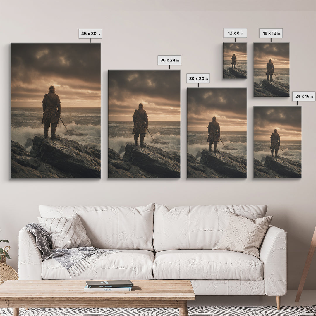 Lone Warrior On Stormy Shore Canvas Print, Moody Seascape Wall Art, Coastal Fantasy Decor, Masculine Bedroom Art Print Gift