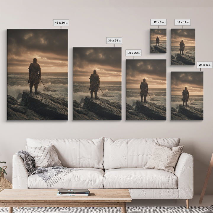 Lone Warrior On Stormy Shore Canvas Print, Moody Seascape Wall Art, Coastal Fantasy Decor, Masculine Bedroom Art Print Gift