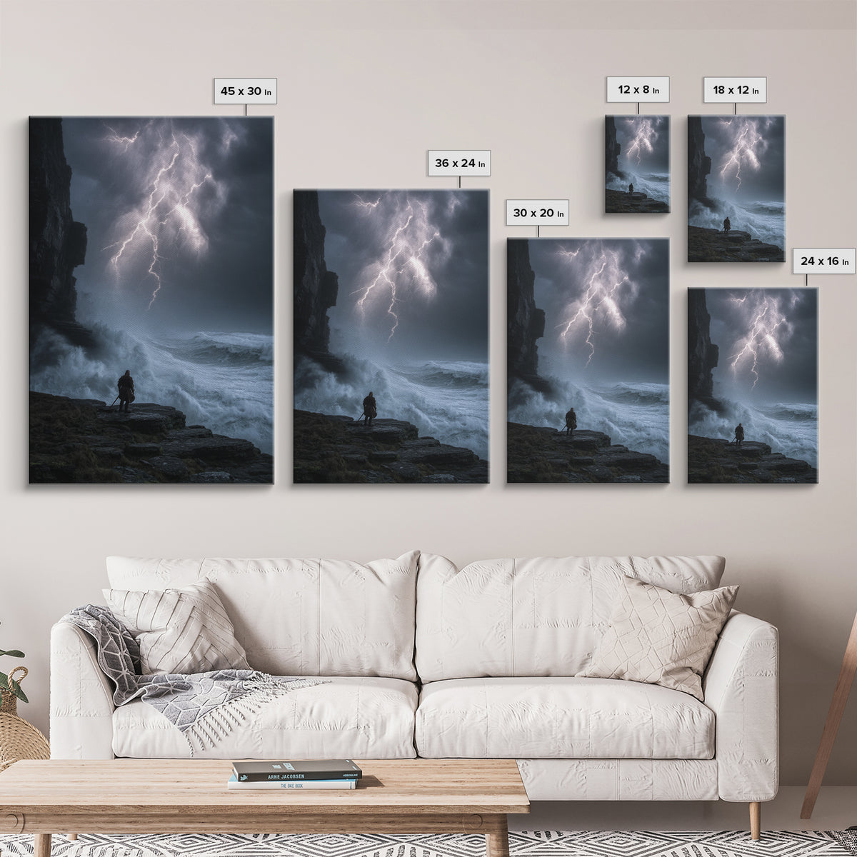 Lone Warrior Beneath Lightning Storm Framed Canvas Print, Dark Seascape Wall Art, Dramatic Fantasy Decor Print, Gift For Him