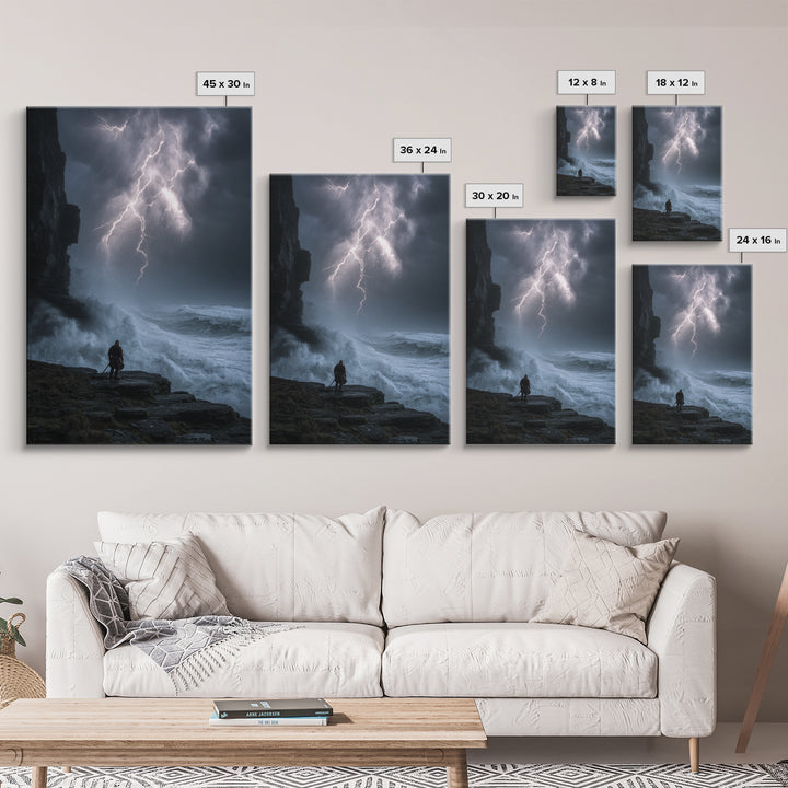 Lone Warrior Beneath Lightning Storm Framed Canvas Print, Dark Seascape Wall Art, Dramatic Fantasy Decor Print, Gift For Him