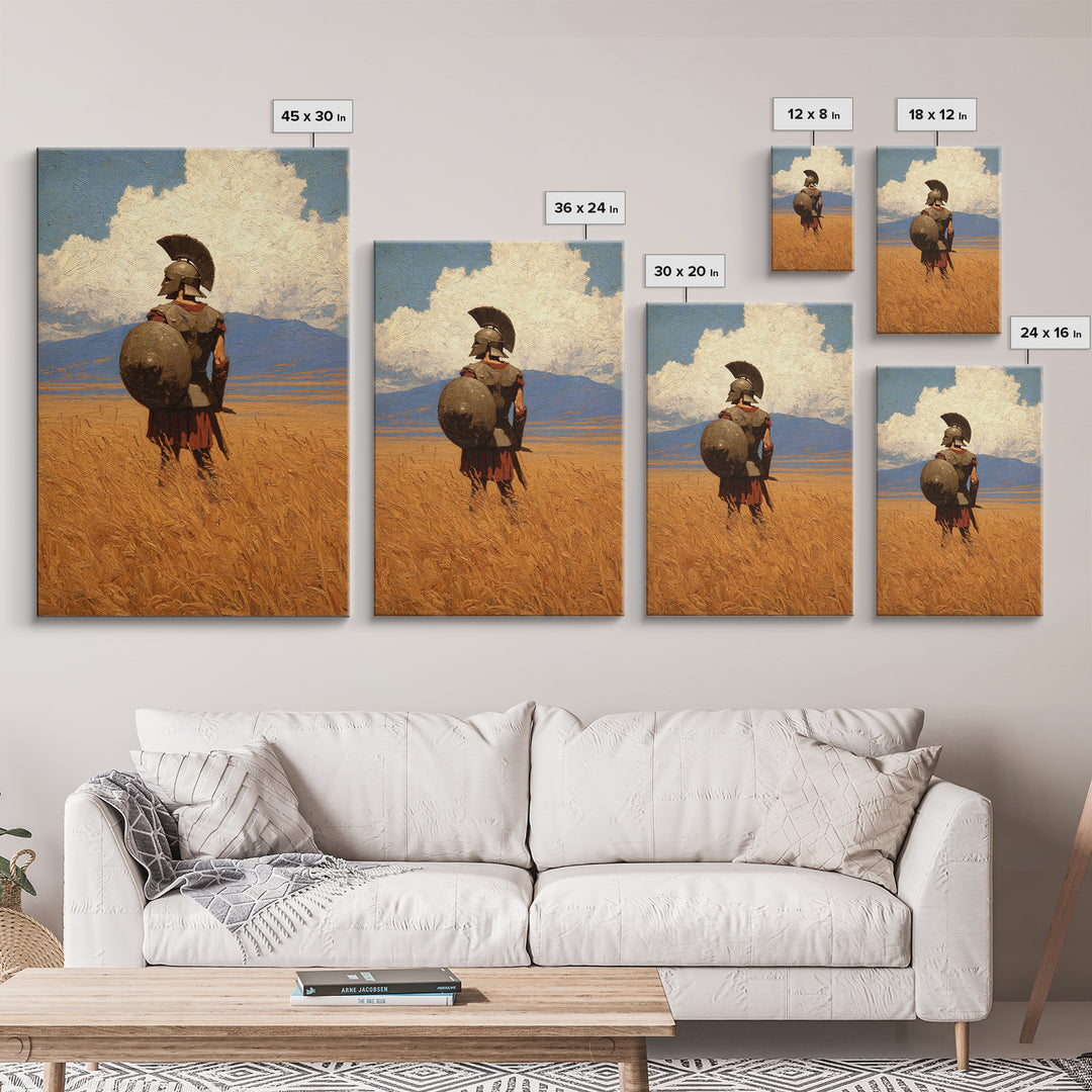 Spartan Warrior In Golden Field Canvas Print, Greek Hoplite Landscape Painting, Ancient History Wall Decor For Office Gift