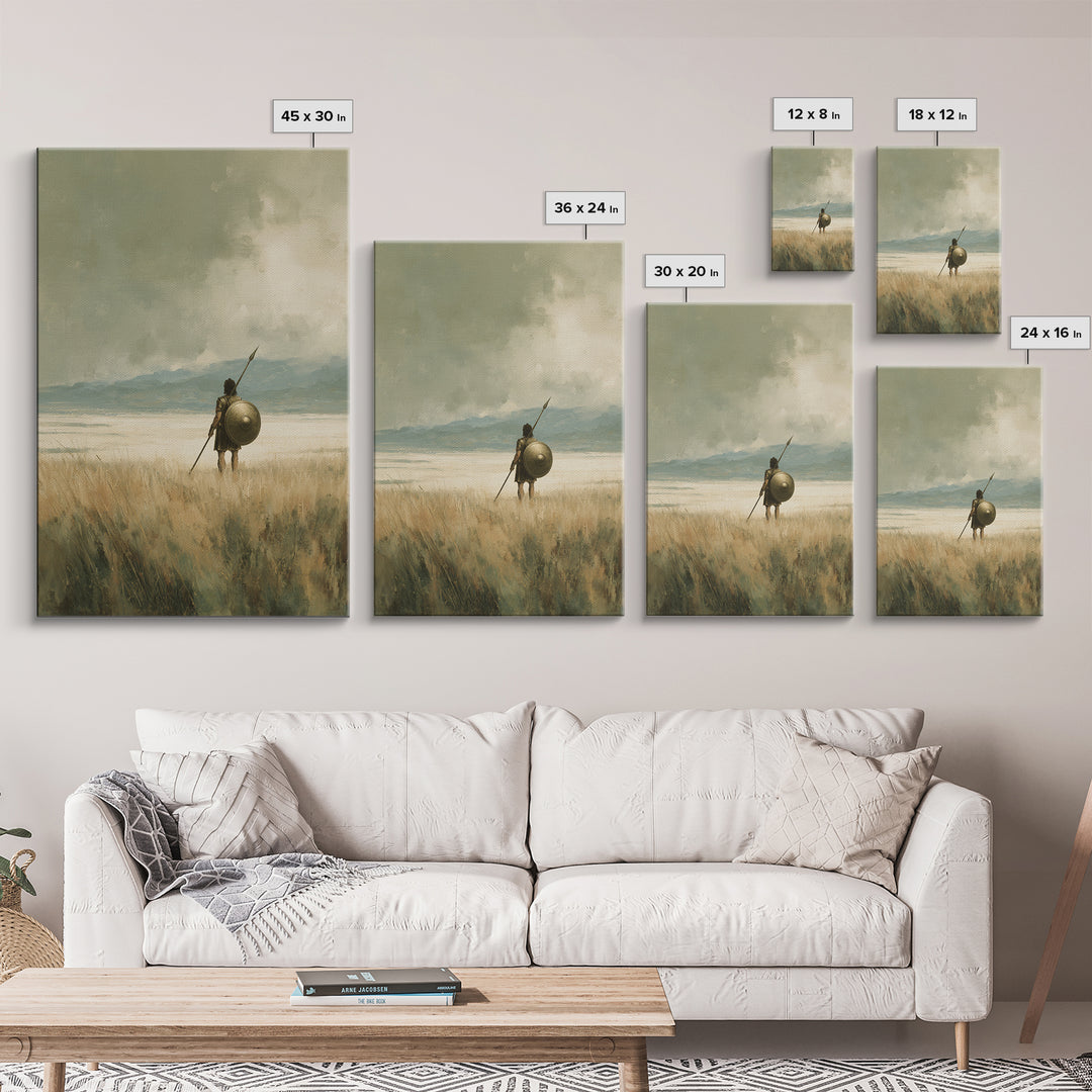 Solitary Spearman With Round Shield In Misty Field Wall Art, Ancient Warrior Canvas Print For Neutral Rustic Home Decor And Gift