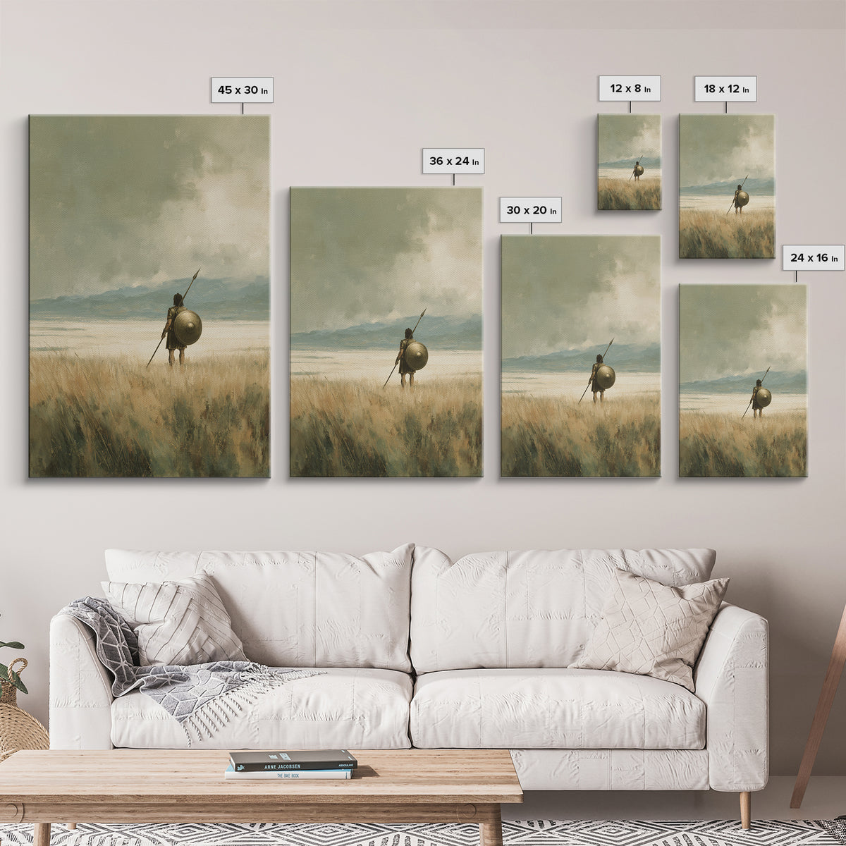 Solitary Spearman With Round Shield In Misty Field Wall Art, Ancient Warrior Canvas Print For Neutral Rustic Home Decor And Gift