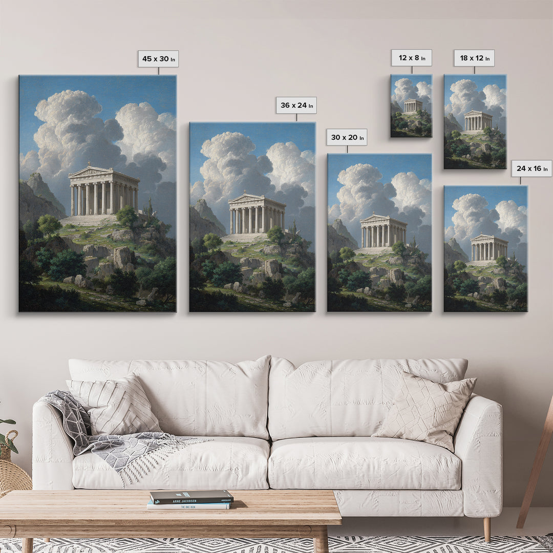 Ancient Greek Temple Under Towering Clouds Canvas Print, Classical Landscape Wall Art, Mediterranean Home Decor, Fine Art