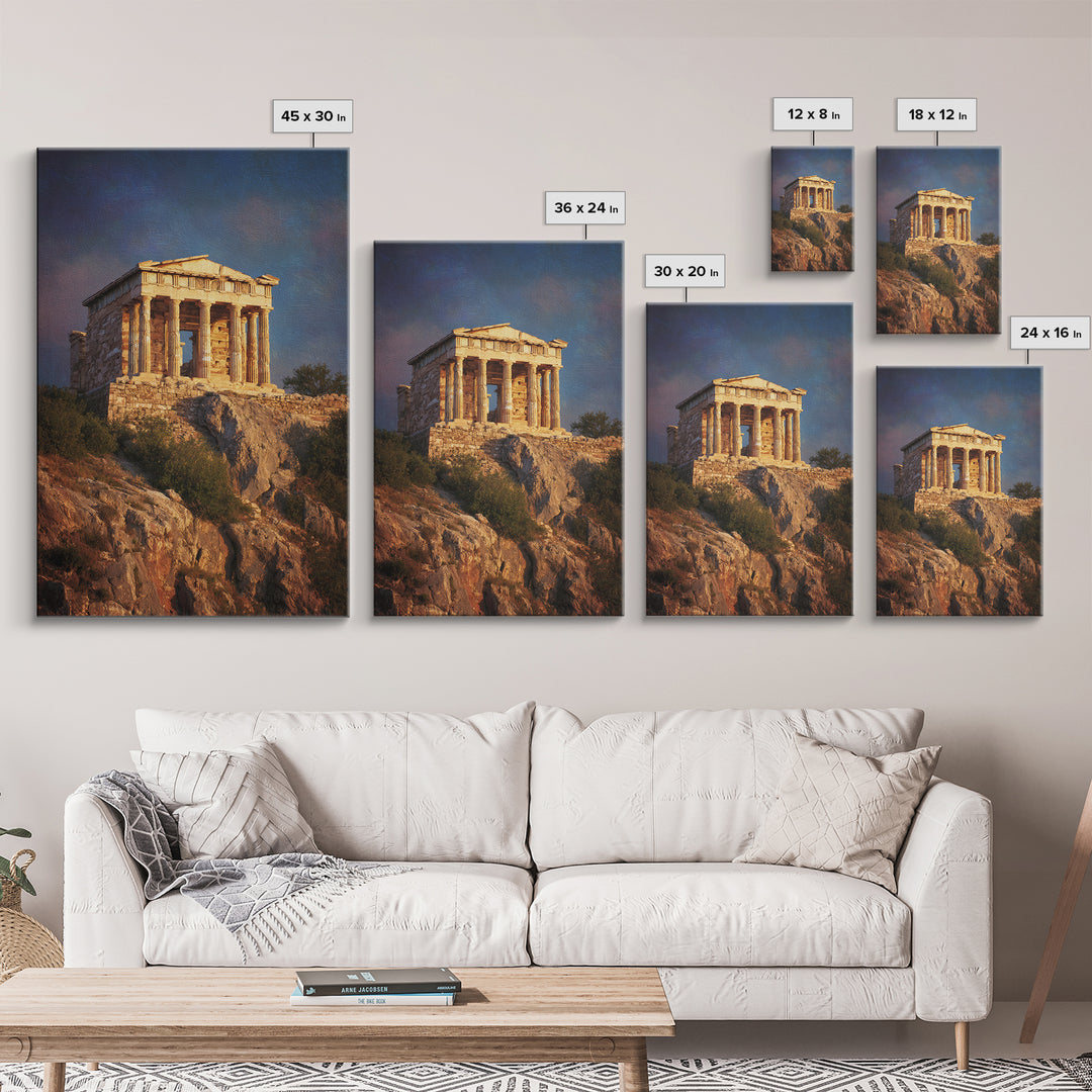 Golden Greek Temple On Rocky Hill Wall Art, Ancient Greece Landscape Painting, Mediterranean Decor, Travel Art Print, Gift For Him