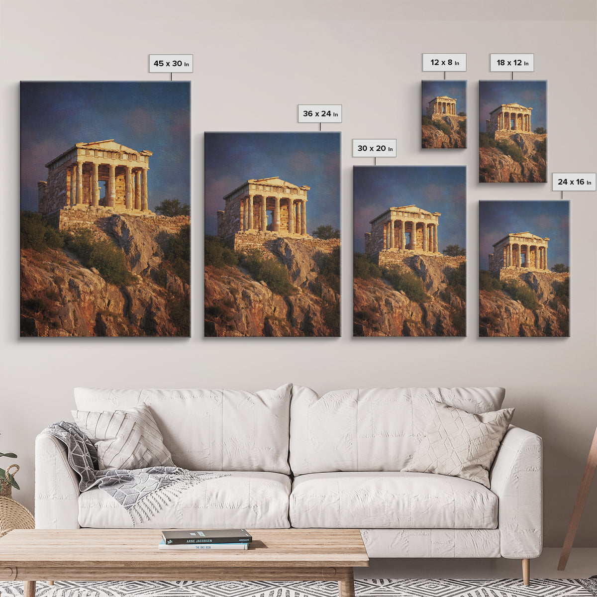 Golden Greek Temple On Rocky Hill Wall Art, Ancient Greece Landscape Painting, Mediterranean Decor, Travel Art Print, Gift For Him