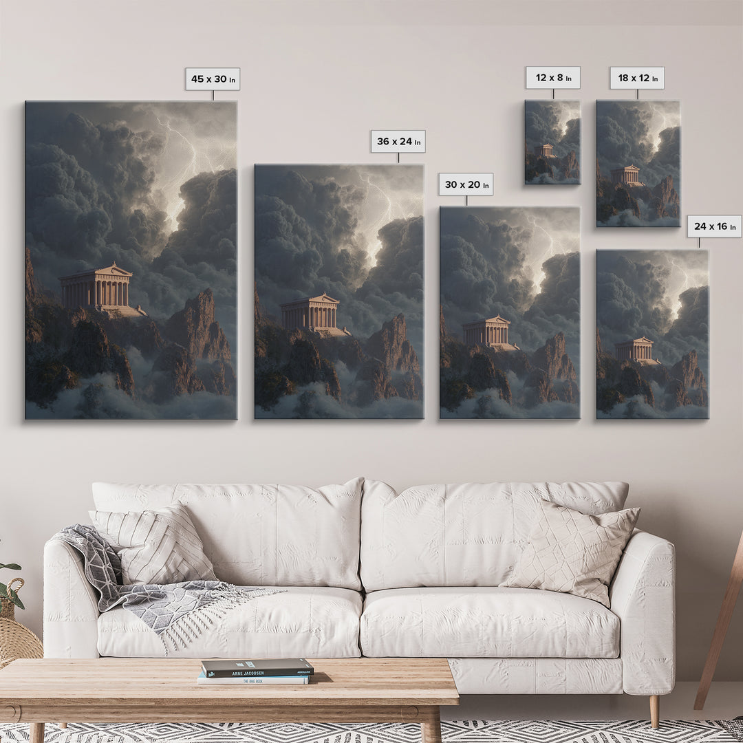 Ancient Greek Temple In Lightning Storm Framed Canvas Print, Mythological Wall Art, Dramatic Landscape Decor, Office Art