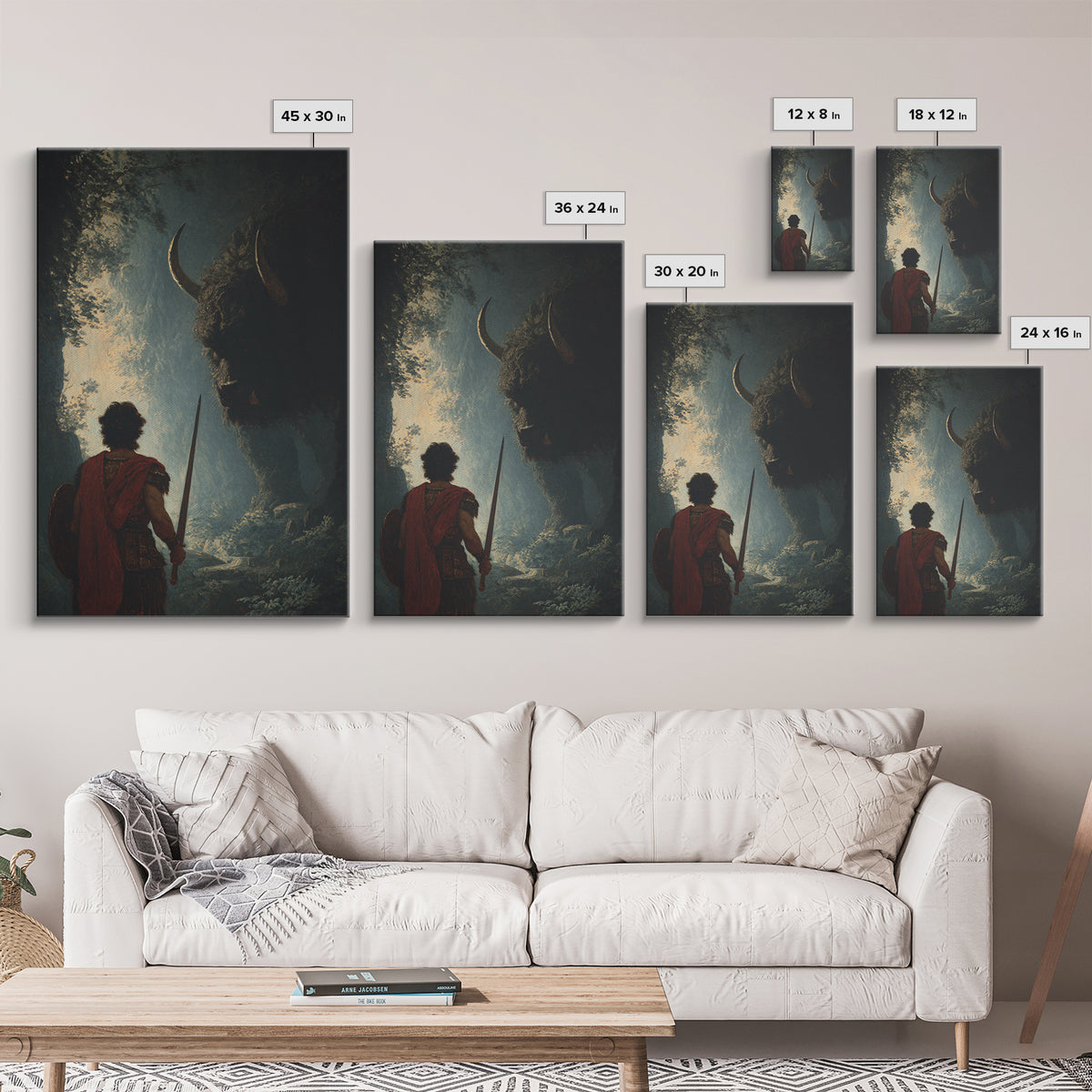 Warrior Facing Shadowed Minotaur Wall Art, Dark Fantasy Oil Painting, Mythological Art Print, Gothic Home Decor Gift For Him