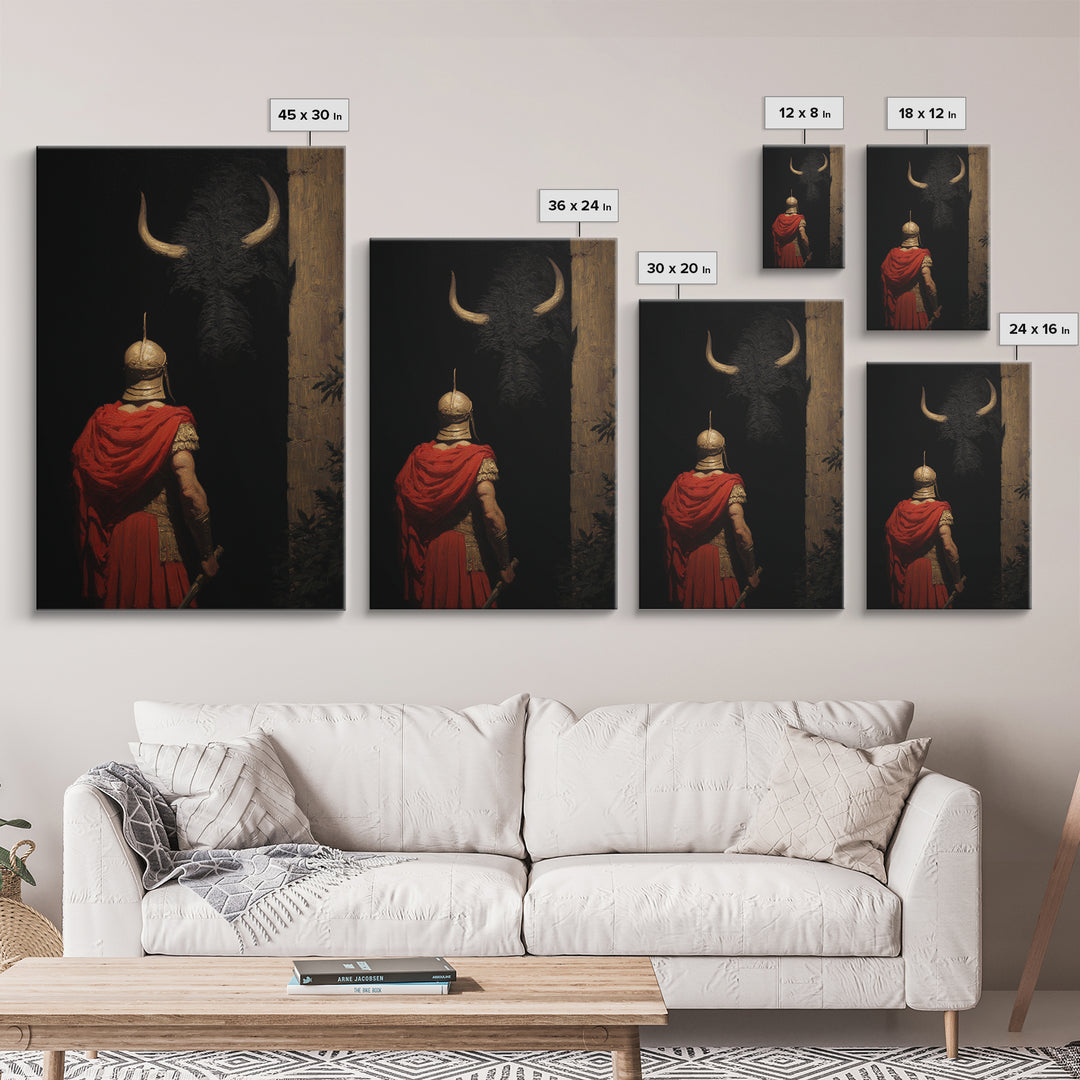 Roman Soldier Facing Shadowed Bull Framed Canvas Print, Mythological Art, Dark Academia Decor, Ancient Classical Wall Art
