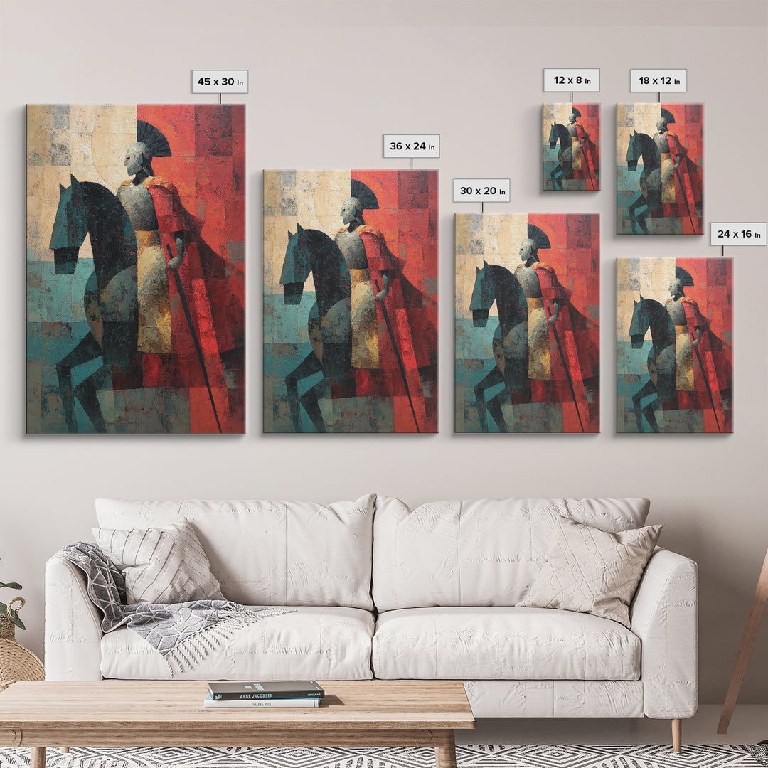 Abstract Roman Cavalry And Red Cloak Framed Canvas Print, Ancient Warrior Wall Decor, Modern Historical Art Print, Gift For Him